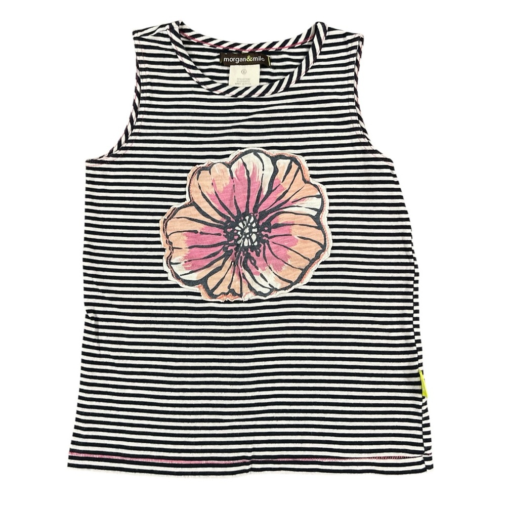 Morgan & Milo Black and White Striped Tank Top with Pink Floral Accent